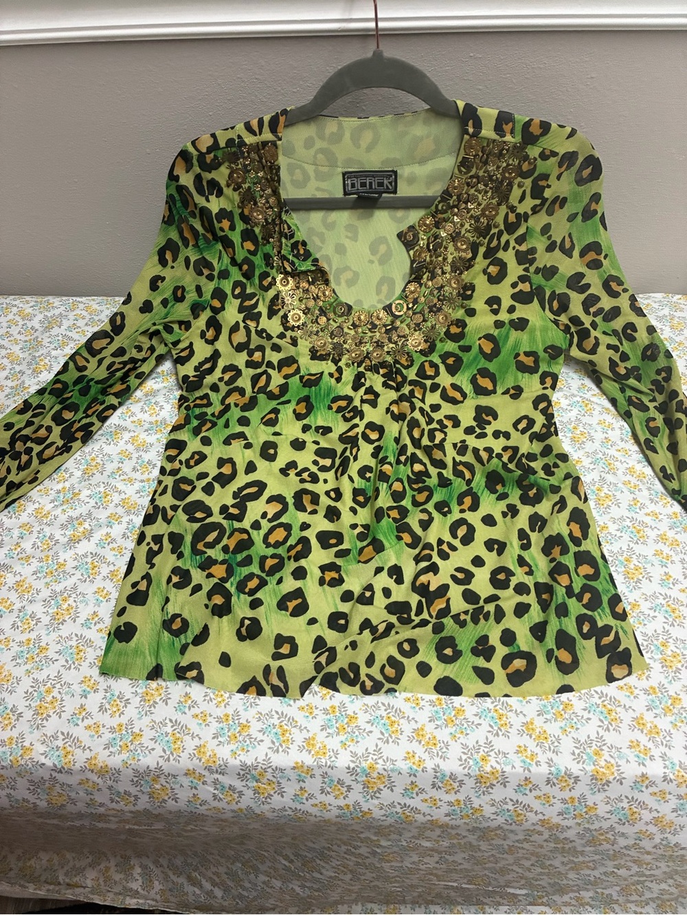 berek Green Leopard-Print Embellished V-Neck Tunic